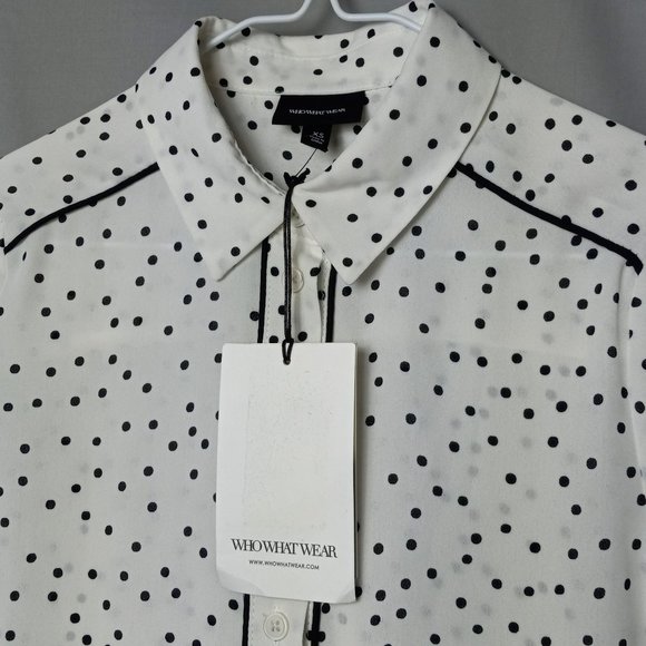 Who What Wear White Sheer Black Polka dot Blouse Button Up NWT XS Long Sleeve - Picture 4 of 16